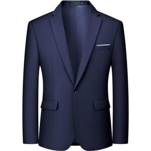 Men's One Button Blazer Solid Color Suit Jacket Navy Blue